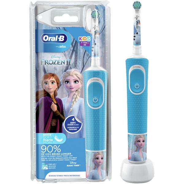 Periuta de dinti electrica ORAL-B D100 Vitality Frozen pentru copii 7600 oscilatii/min, Curatare 2D, 2 programe, 1 capat, 4 stickere incluse, albastru