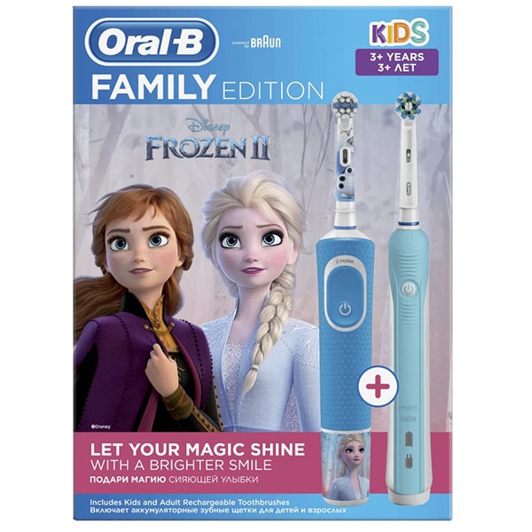 Set 2 Periute de dinti electrice ORAL-B Family Edition, 40.000 pulsatii/min, 1 program, 2 capete, albastru + Periuta de dinti electrica pentru copii ORAL-B Frozen