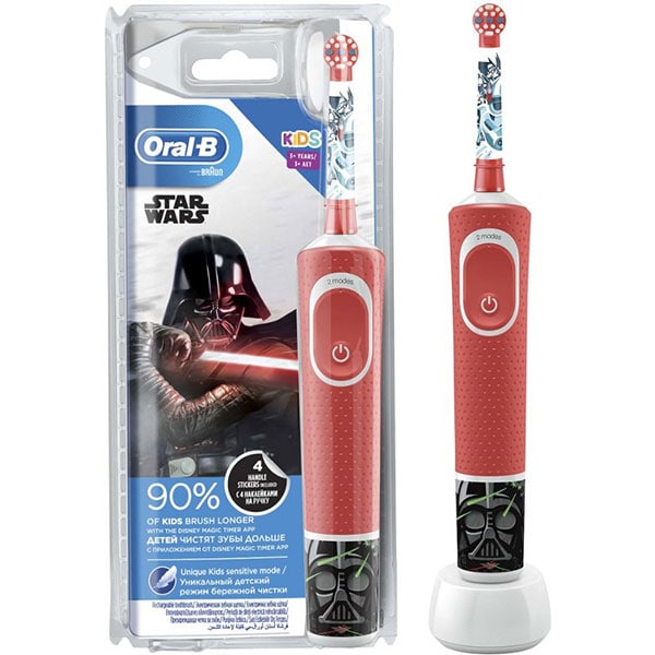 Periuta de dinti electrica ORAL-B D100 Vitality Star Wars pentru copii 7600 oscilatii/min, Curatare 2D, 2 programe, 1 capat, 4 stickere incluse, rosu