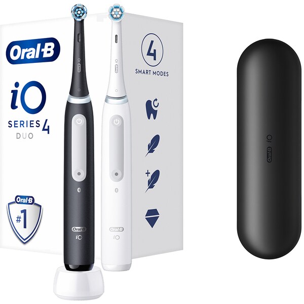 Set 2 periute de dinti electrice ORAL-B iO 4, Bluetooth, 40000 pulsatii/min, Curatare 3D, 4 programe, 2 capate, alb-negru