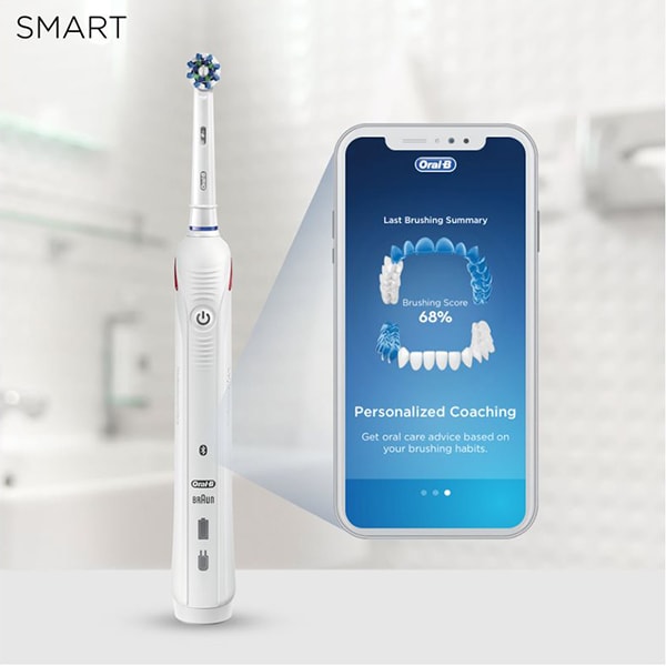 Periuta de dinti electrica ORAL-B Smart 4 Design Edition Cross Action 4500, Bluetooth, 40000 pulsatii/min, Curatare 3D, 3 programe, 1 capat, alb + Etui calatorie