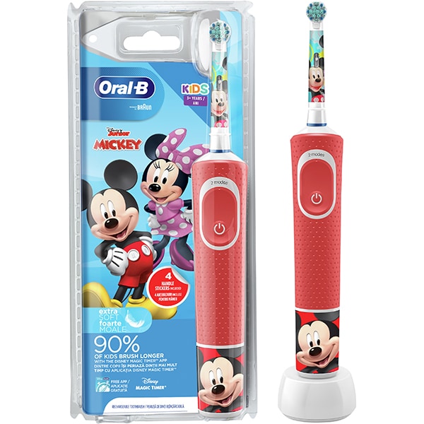 Periuta de dinti electrica copii ORAL-B Vitality Mickey Mouse, 7600 oscilatii/min, 2 programe, 1 capat, rosu