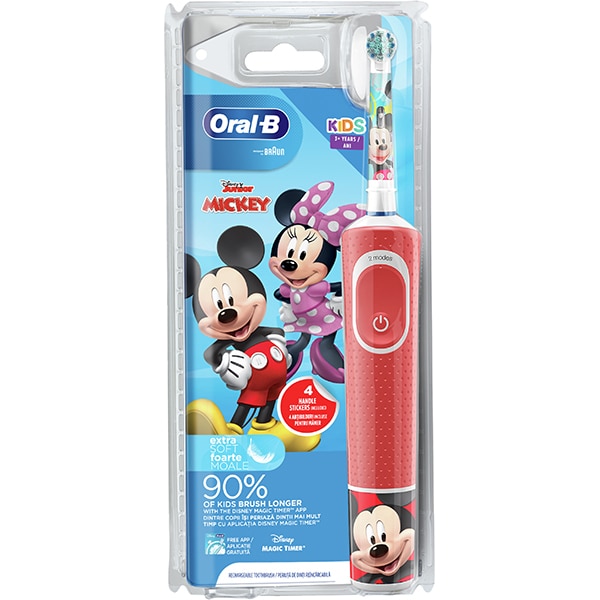 Periuta de dinti electrica copii ORAL-B Vitality Mickey Mouse, 7600 oscilatii/min, 2 programe, 1 capat, rosu