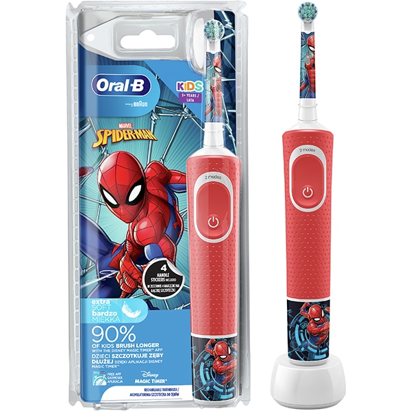 Periuta de dinti electrica copii ORAL-B Vitality Spiderman, 7600 oscilatii/min, 2 programe, 1 capat, rosu