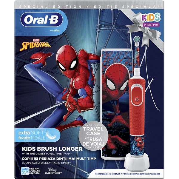 Periuta de dinti electrica copii ORAL-B Vitality Spiderman, 7600 oscilatii/min, Curatare 2D, 2 programe, 1 capat, rosu