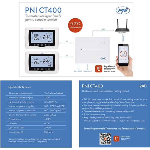 Termostat smart PNI CT400, Wi-Fi, control 2 zone, alb