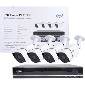 Kit supraveghere PNI House PTZ1300, 4 camere Full HD, NVR, 8 canale, alb-negru