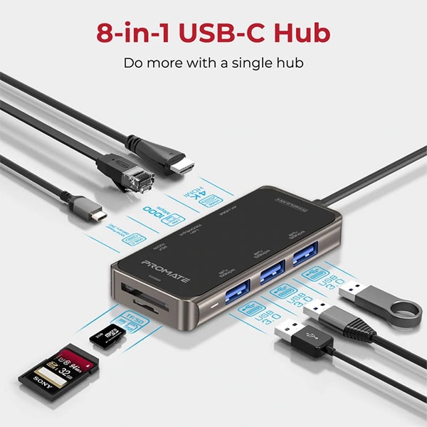 Hub USB Type-C PROMATE PrimeHub-Mini, USB 3.0, HDMI, RJ-45, SD/microSD, negru