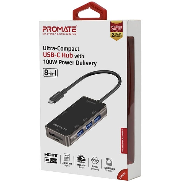 Hub USB Type-C PROMATE PrimeHub-Mini, USB 3.0, HDMI, RJ-45, SD/microSD, negru