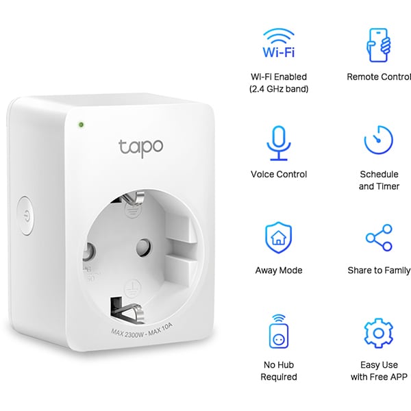 Priza inteligenta TP-LINK Tapo P100, Wi-Fi, 2300W, 10A, alb