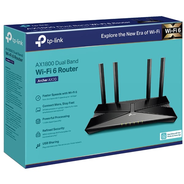 Router Wireless Gigabit TP-LINK Archer AX20, Dual-Band 574 + 1201 Mbps, USB 2.0, negru