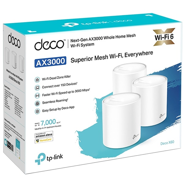 Sistem Wireless Mesh TP-LINK Deco X60 AX3000, Wi-Fi 6, Dual Band 574 + 2401 Mbps, 3 buc, alb