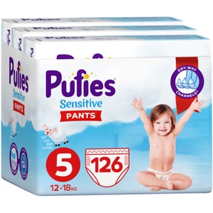 Scutece chilotel PUFIES Sensitive Junior nr 5, Unisex, 12-18 kg, 126 buc