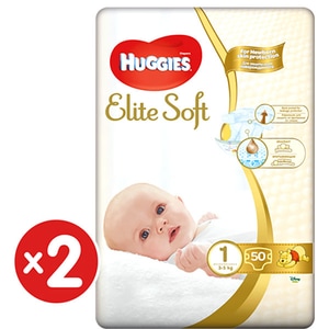 Scutece HUGGIES New Elite Soft nr 1, 3-5 kg, 100 buc 