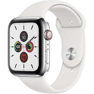 APPLE Watch Series 5 GPS + Cellular, 44mm Stainless Steel Case, White Sport Band