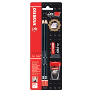 Set 4 creioane grafit STABILO Exam Grade + radiera si ascutitoare, negru 