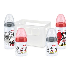 Set 4 biberoane NUK Premium Nature Sense Disney Mickey Mouse 10225170, 0 luni+, 150/300 ml, rosu-gri
