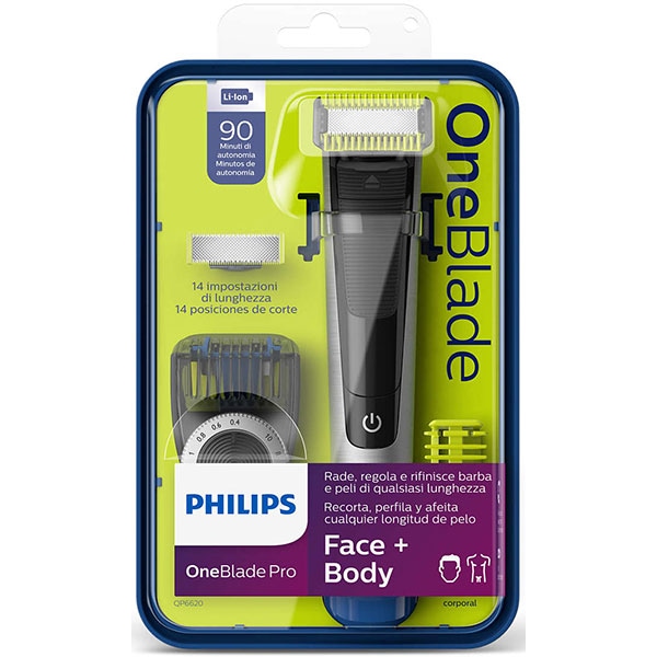Aparat hibrid de barbierit si tuns barba PHILIPS OneBlade Pro Face & Body QP6620/20, acumulator, autonomie 90 min, Afisaj digital, negru-argintiu
