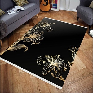 Covor living / dormitor Flower, 120 x 180 cm, poliester, negru-auriu