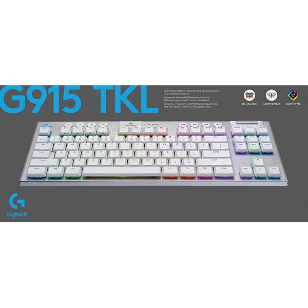 Tastatura Gaming Wireless mecanica LOGITECH G915 TKL Tactile, USB, Bluetooth, Layout US INT, alb