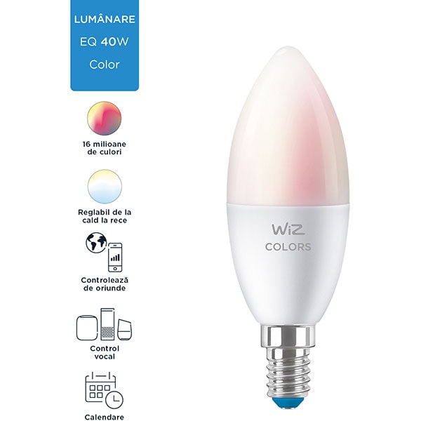 Bec LED Smart WIZ Colors, Wi-Fi, E14, 4.9W, multicolor