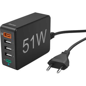 Statie incarcare HAMA 201630 51W, 1x USB-A Quick Charge 3.0, 1x USB-C Power Delivery (PD), 3x USB-A, negru