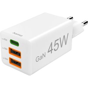 Incarcator retea HAMA 201995, 1x USB-C, 2x USB-A, Power Delivery (PD), Quick Charge 3.0, GaN, 45W, alb