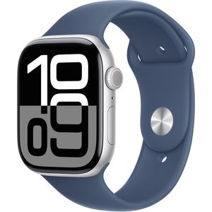 APPLE Watch 10, GPS, 46mm Silver Aluminium Case, Denim Sport Band - M/L