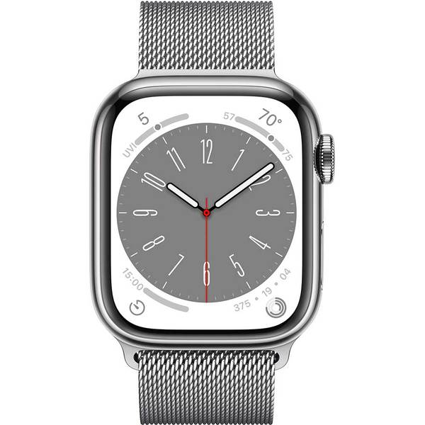APPLE Watch Series 8, GPS + Cellular, 45mm Silver Stainless Steel Case, Silver Milanese Loop