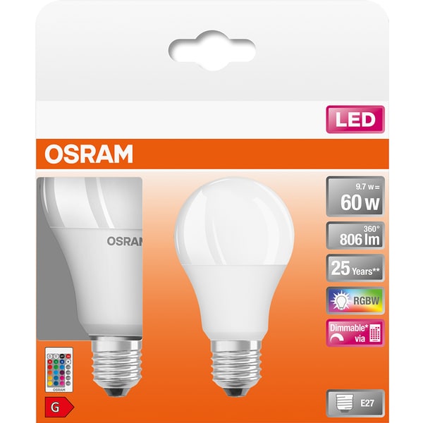 Set 2 becuri LED RGBW OSRAM E27, Telecomanda