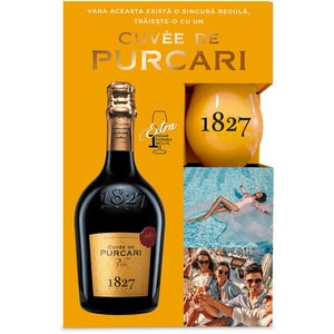 Pachet Vin spumant alb Purcari Winery Cuvee de Purcari Brut, 0.75L + pahar