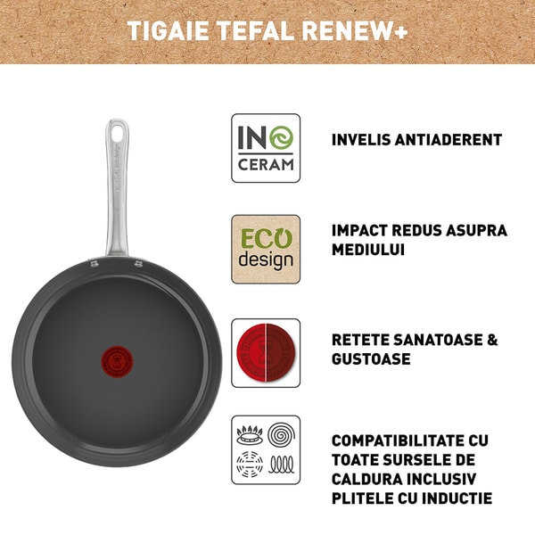 Tigaie TEFAL Renew+, 28 cm, aluminiu reciclat, Thermo-Signal, invelis ceramic, gri
