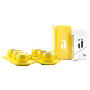 Set cafea macinata DANESI CAFE 250g + cutie ceramica + 6 cesti espresso, galben