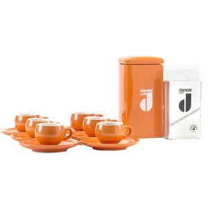 Set cafea macinata DANESI CAFE 250g + cutie ceramica + 6 cesti espresso, portocaliu