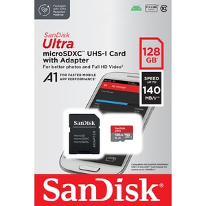 Card de memorie SANDISK Ultra microSDXC, 128GB, 140MB/s, clasa 10/U1/A1, UHS-I, adaptor