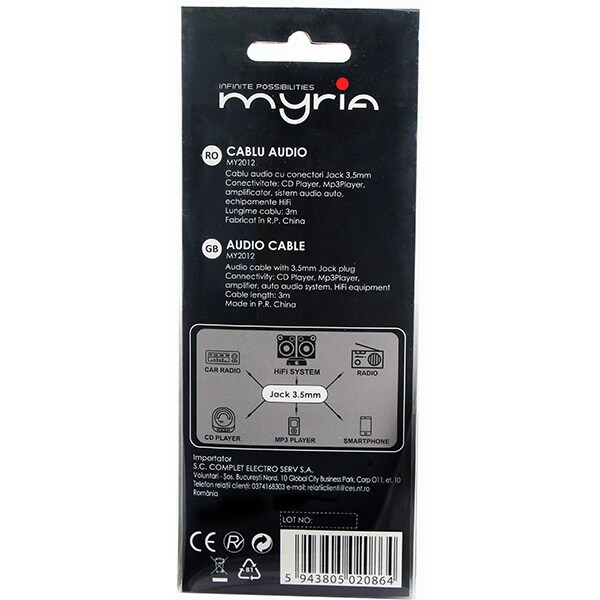 Cablu audio MYRIA MY2011, jack 3.5mm, 1.5m, negru