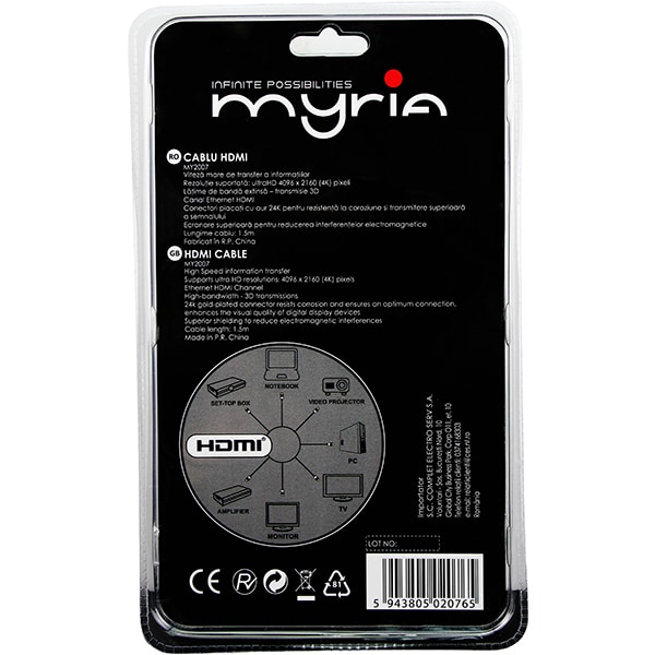 Cablu HDMI MYRIA MY2007, 1.5m, negru