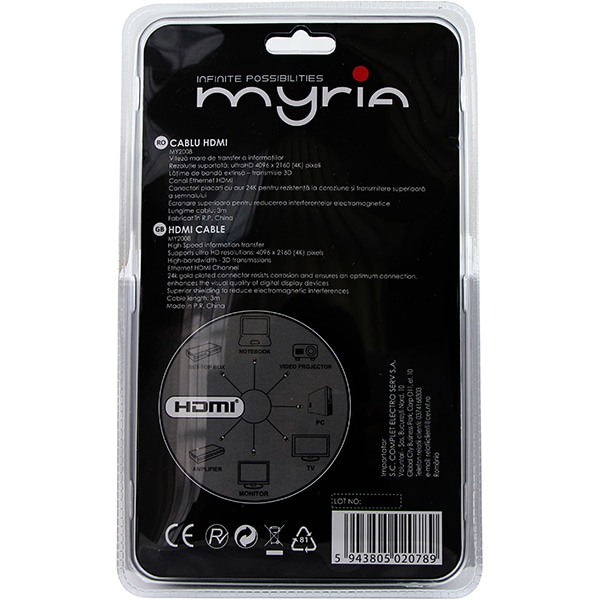 Cablu HDMI MYRIA MY2008, 3m, negru