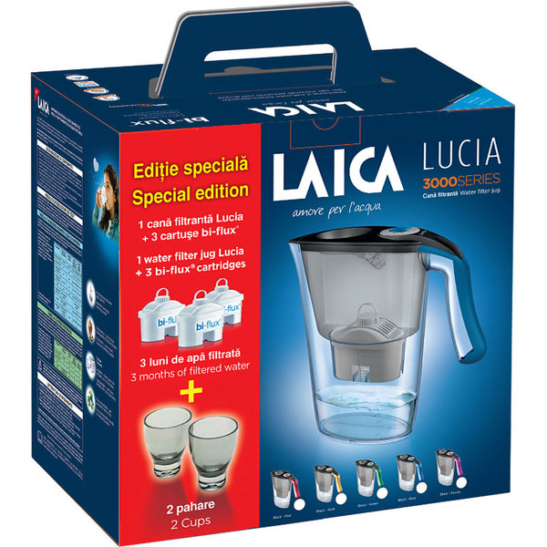 Cana filtranta LAICA Lucia J9062A2 + 3 cartuse Bi-flux + 2 pahare, 2.3l, gri-albastru