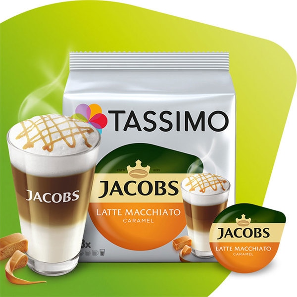 Capsule cafea JACOBS Caramel Macchiato, compatibile Tassimo, 8 capsule cafea + 8 capsule lapte, 268g