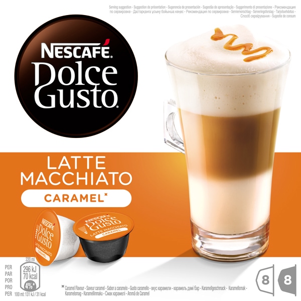 Capsule cafea NESCAFE Dolce Gusto Caramel Macchiato, 8 capsule cafea + 8 capsule lapte, 168.8g