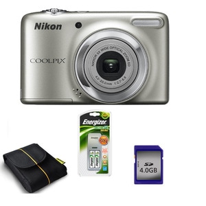 Camera foto digitala NIKON L25, 10.1 Mp, 5x, 3 inch, argintiu + geanta + incarcator + card memorie SD 4GB