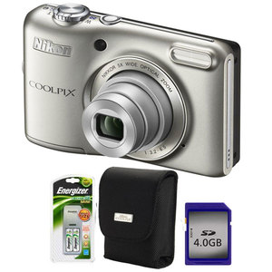 Camera foto digitala NIKON Coolpix L28S, 20.1 Mp, 5x, 3 inch, argintiu + geanta + incarcator + card SD 4GB