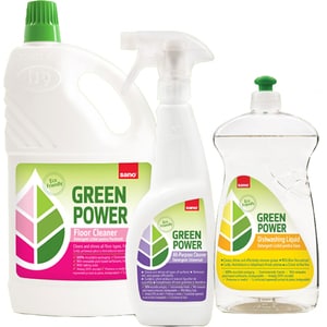 Pachet SANO Green Power: Detergent lichid pentru pardoseli, 2 l + Detergent universal pentru suprafete, 750 ml + Detergent lichid pentru vase, 700 ml