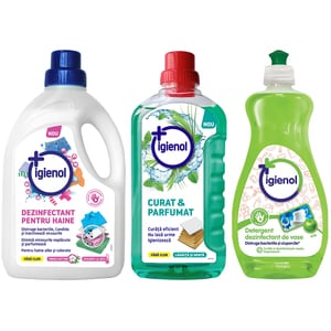 Pachet IGIENOL: Detergent dezinfectant rufe, 1.5 l + Solutie curatare pardoseli, Lamaita si menta, 1 l + Detergent dezinfectant de vase, Mar, 500 ml 