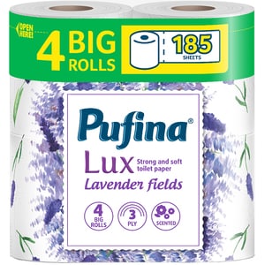 Hartie igienica PUFINA LUX Campuri de lavanda, 3 straturi, 4 role