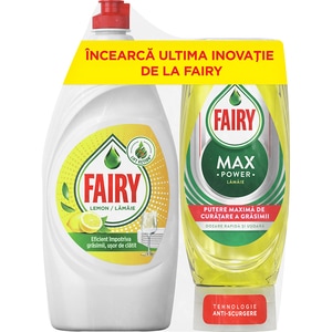 Pachet Detergent vase FAIRY Lemon, 800 ml + FAIRY MaxPower Lemon, 450 ml