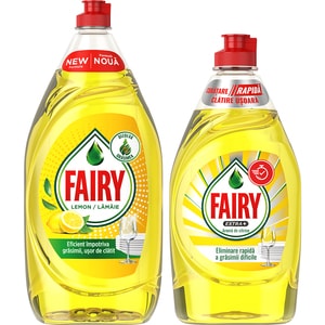 Pachet Detergent de vase FAIRY Lemon, 1.2 l + Detergent de vase FAIRY Extra+ Citrice, 450 ml