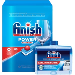 Pachet promo Detergent pentru masina de spalat vase FINISH Power Essential, 86 tablete + Solutie de curatare FINISH, 250 ml