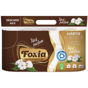 Hartie igienica FOXIA Neparfumata, 4 straturi, 8 role